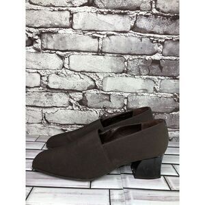 Larry Stuart Collection Brown Fabric Square Toe Slip On Block Heels Women Sz 9.5